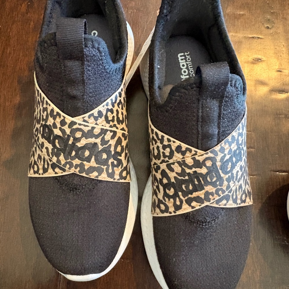 Adidas Women's Black Slip-On Sneakers with Leopard Crossover Strap